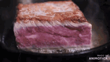 a piece of meat is being cooked in a frying pan with the words made in animatica on the bottom right