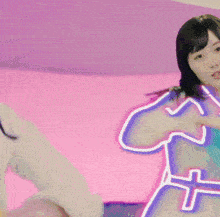 a woman in a white dress is dancing with a neon outline of a cross around her waist
