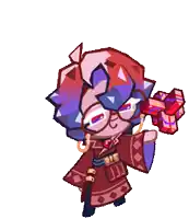 a cartoon character with glasses and a gun is holding a red box .