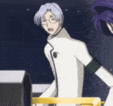 a man with glasses is standing next to a woman with purple hair in a cartoon .