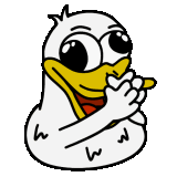 a cartoon duck with big eyes and a yellow beak is waving its hands .