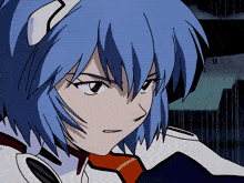 a drawing of a girl with blue hair and a white jacket