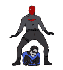 a drawing of a man in a superhero costume standing next to another man in a blue suit .