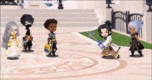 a group of cartoon characters standing in a circle with one holding a key