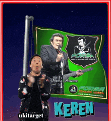 a poster for forsa fans of rhoma and soneta shows a man holding a guitar