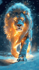 a lion with glowing eyes is walking on a snowy surface .