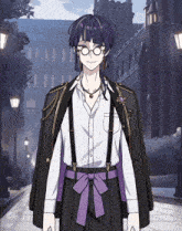 a man with glasses and suspenders is standing on a sidewalk