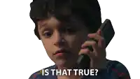 a young boy talking on a cell phone with the words " is that true " written below him
