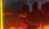 a computer generated image of a city on fire with planes flying overhead