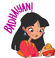 Joyful Girl Eating Laadu Says Badhaiyan In Hindi Sticker - Dilliwali Badhaiyan Food Stickers