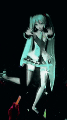 a hatsune miku animated character is dancing in a dark room