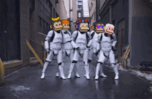 a group of monkeys dressed as stormtroopers are dancing on a street