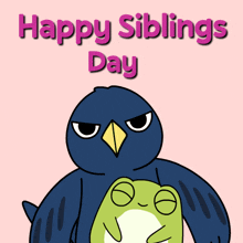 a cartoon of a bird holding a frog with the words happy siblings day below it
