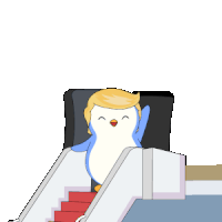 a cartoon of a penguin sitting on a staircase