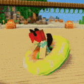 a cartoon cat is sitting on a green float on a beach