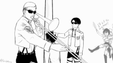 a black and white drawing of a man playing a trombone while a woman holds a bat .