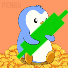 a penguin is sitting on a pile of gold coins holding a green stick