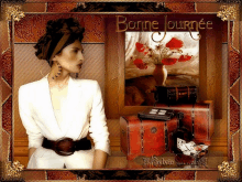 a picture of a woman and a painting with the words bonne journee on it