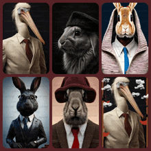 a collage of images of rabbits and a pelican with a rabbit head