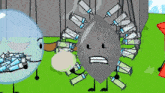 a cartoon character is surrounded by syringes hanging from a chain