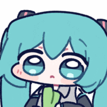 a cartoon character with blue hair and big eyes