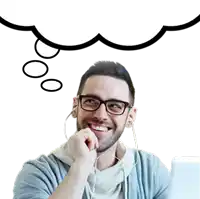 a man wearing glasses and ear buds with a thought bubble above his head