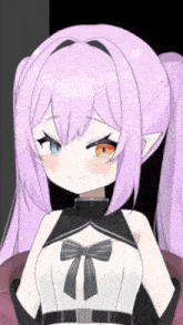 a girl with purple hair and orange eyes has a bow on her top