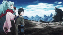 a group of anime characters are standing in front of a mountain range