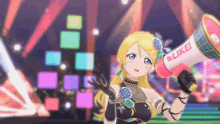 a girl holding a megaphone with the word like on it