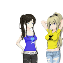 a girl in a blue tank top with a diamond on it