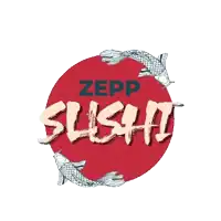 a logo for zepp sushi shows sushi and fish