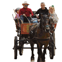 a group of people are riding in a horse drawn carriage with the letter a on the side