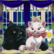 a black cat sits next to a white cat with a pink bow on its head