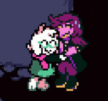 a pixel art of a cartoon character holding another character in her arms .