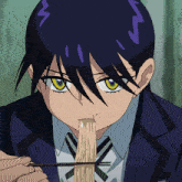 a boy with a purple lightning bolt on his head is eating noodles with chopsticks