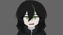 a cartoon character with black hair and green eyes is making a sad face