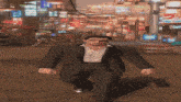 a man in a suit and sunglasses is walking down a street in front of a sign that says ' a ' on it