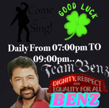 a sign that says come sing and good luck