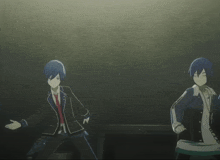 a cartoon character with a cross around his neck is dancing in a dark room