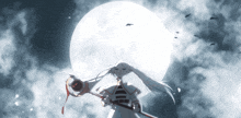 a girl with long white hair holding a sword in front of a full moon