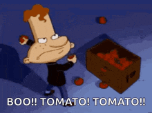 a cartoon character is standing next to a box of tomatoes and says boo tomato tomato