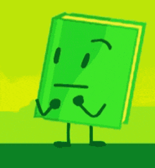 a green book with a yellow face and arms and legs is smiling .