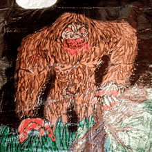 a drawing of a bigfoot with blood on his face