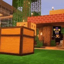 a minecraft character with a purple hat is standing next to a large wooden chest .