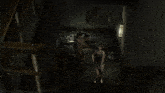 a man in a black shirt is walking down stairs