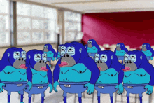 a bunch of blue monkeys are standing next to each other and one of them has the word milk on his belt