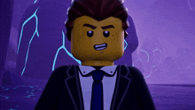 a lego man wearing a suit and tie with a purple background