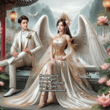a painting of a man and a woman with angel wings says " noapte buna goodnight "