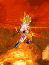 a cartoon drawing of a man with yellow hair running through flames
