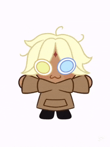 a cookie from a video game is wearing a hoodie and glasses and making a funny face .